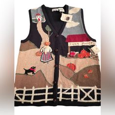 Women’s, Beautiful, Multicolored, Hand Embroidered, Cottony, Button Down, Vest. Women’s Size Petite Medium. Button Down Front-5 Buttons, Brown Buttons With Leather Look. Extra Button Included. Vest Back: Solid Navy Color. Hand Embroidered, A Girl With A Hat On (3d), And A Blond Braid (3d) , Carries A Basket Of Apples (Apples Are 3d). A Small Black Scotty Dog Follows Along. She Heads Up The Road To A Cottage Above On Shoulder, With Trees And Bushes Embroidered. On The Left Front Is A Farm Market. Fall Cotton Sweater Vest With Buttons, Cotton Sweater Vest With Buttons For Fall, Basket Of Apples, Animal Print Vests, Fall Vest, Scotty Dog, Plaid Quilt, Sleeveless Sweater Vest, Oxblood Red