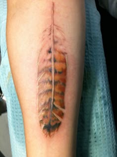 a tattoo on the arm of a person that has a brown feather tattooed on it