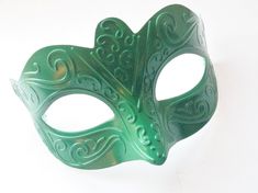 "Green Masquerade Ball Mask for parties and Mardi Gras and Halloween. S H I P P I N G - Processed same day or within 24 hours. 1-2 day guaranteed delivery services offered, add items to cart and click on shipping tab for rates. Pls leave a check out note with your need date & contact number (especially for expedited and custom orders) Msg for delivery time frames (Include your state/country). I N C L U D E D Mask comes with matching ribbons S I Z E 7\" length & 3\" Width from forehead to nose. D