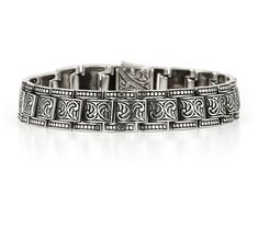 You'll love this striking bracelet that exudes sophistication and style. The thick panther link design features a dotted edge and an etched swirl middle, finished with rhodium plating and an oxidized touch. It's perfect for adding a bold statement to any outfit. From Yield of Men. K Bracelet, Link Design, Link Bracelets, Rhodium Plated, Etching, Panther, Design Features, Swirl, Love This