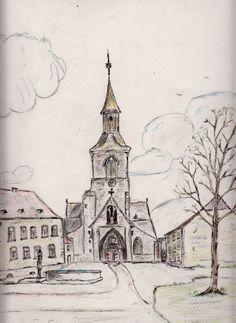 a drawing of a church with a clock tower