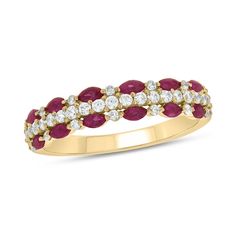 Wow the one you love with this exceptional triple row lab-created ruby and diamond band. Fashioned in sterling silver with 14K gold plate. This ring features two rows of glamorous marquise-cut red lab-created rubies separated by a ribbons of sparkling diamonds. This stunning triple row band delights with 0.31 ct. t.w. of diamonds. Red Lab, Garnet Wedding, Marquise Ring, Peoples Jewellers, Ruby Jewelry, Diamond Band, Marquise Cut, Sparkle Diamonds, Diamond Bands