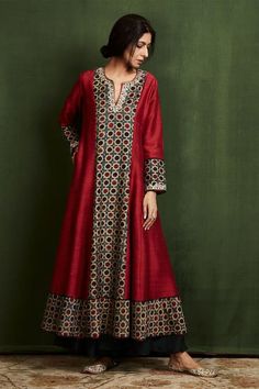 Buy Red Silk Ajrakh Print Anarkali And Palazzo Set For Women by Sue Mue Online at Aza Fashions. Silk Kurti Designs, Designer Kurti Patterns, Simple Kurti Designs, Gaun Fashion, Women Kurta, Cotton Kurti Designs, Palazzo Set, Dress Design Patterns, Kurti Designs Party Wear