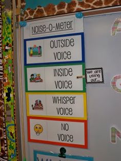 a bulletin board with words and pictures on it that read noise - o - meter, outside voice, inside voice, whisper voice, no