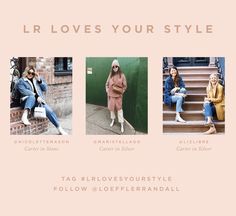 three women sitting on steps with the words lr loves your style above them and below