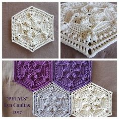 crocheted hexagons are shown in three different colors, one is white and the other is purple