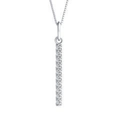 Trending vertical bar diamond pendant features 0.30 carat total weight come set in classic 14k white gold metal. The stick style pendant necklace comes with a matching 18-inch cable chain which is adjustable to 16 inch and secures with a spring ring clasp. Vertical Bar, Cable Chain, Spring Rings, Diamond Pendant, Online Jewelry, Gold Metal, Diamond Necklace, Silver Necklace, Cable