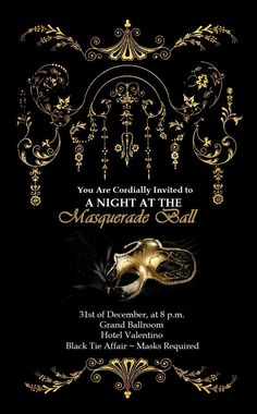 an elegant masquerade ball party flyer with gold and black decorations on a black background