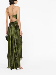 Maria Lucia Hohan Siona Draped Silk Dress - Farfetch Pre-draped Green Evening Dress, Green Draped Evening Dress For Party, Green Pre-draped Evening Dress, Pre-draped Green Draped Evening Dress, Green Pre-draped Party Evening Dress, Green Draped Evening Dress, Green Evening Dress With Ruched Back, Green Ruched Evening Dress For Summer, Green Ruched Back Evening Dress