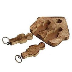 two pieces of wood are shown with key chains