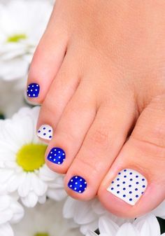 Blue and White Polka Dots Toenail Art Design Cute Pedicures, Dots Nails