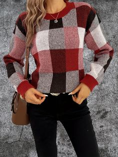 Lasaky - Womens Casual Long-Sleeve Pullover Sweater with Plaid Pattern, Ideal for Fall & Winter Wardrobe Casual Plaid Crew Neck Sweater, Casual Plaid Long Sleeve Sweater, Plaid Long Sleeve Winter Sweater, Cozy Plaid Long Sleeve Sweater, Plaid Long Sleeve Sweater For Fall, Plaid Crew Neck Sweater For Fall, Cozy Plaid Long Sleeve Top, Cozy Plaid Winter Tops, Fall Plaid Knit Sweater