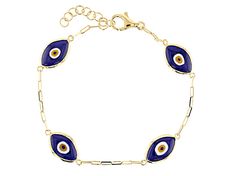 Artisan Collection of Turkey™ 6x12mm Blue Crystal 18k Yellow Gold Over Sterling Silver Evil Eye Bracelet. Measures Approximately 0.41"W. Lobster Claw Clasp Closure Blue Polished Bracelet Jewelry, Blue Polished Bracelet, Blue Polished Finish Bracelet, Elegant Blue Evil Eye Bracelet, Fine Jewelry Blue Gold Bracelet For Gift, Blue Gold Bracelet With 17 Jewels For Gift, Blue Gold Bracelet For Gift, Fine Jewelry, Blue Gold Bracelet For Gifts, Blue 14k Gold Bracelet Jewelry