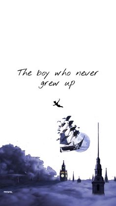 the boy who never grew up is flying in front of a castle with a clock tower