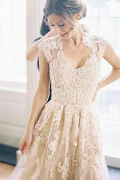 Elegant V-neck Sleeveless Cap Sleeves Floor-Length Wedding Dress - Wedding Dresses Bride Dress Lace, Wedding Dress With Lace, Floor Length Wedding Dress, Wedding Dress Champagne, Unique Bride, Bridal Dresses Lace, A Wedding Dress, Princess Wedding Dresses, Linnet