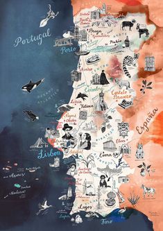 an illustrated map of portugal with all the major cities and towns in orange, blue, black and white