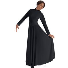 Made of polyester, the Eurotard Liturgical Dress 13847 with high neck, zipper back and lined bodice is a must for your praise dance wardrobe. Order this long sleeve dance dress for your next performance today. This long sleeve, full length dress features a high neckline, zipper back, flattering ‘V’ waist line, hemmed sleeves, full length attached sway skirt, lined bodice, and unhemmed skirt bottom so you can cut the dress to any length; the fabric will not unravel or fray. The material is thick Praise Dress, Dress For Adults, Black Long Sleeved Dress, Liturgical Dance, Glitter Hair Spray, Dance Garments, Skirt Dance, Best Casual Dresses, Praise Dance