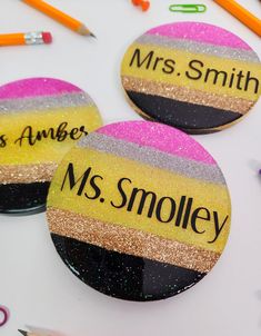 two personalized magnets with the name mrs smolley on them