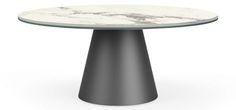 a round table with a white marble top and black base, on an isolated background