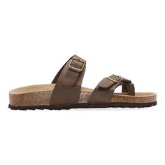 Slip on these women's Fairhaven sandals from Arizona Jean Co on your next walk. This open-toed pair has a faux leather upper strap design with adjustable buckle closures, a molded footbed, and rubber traction sole for added comfort.Closure Type: Buckle, Slip-OnPlatform Shoe Height: 1 InchShoe Heel Height: 1 InchUpper/Outer Base Material: 100% PolyuretheneSole Material Content: 100% EvaToe Type: Open ToeShoe Strap Type: Adjustable StrapHeel Style: Flat HeelCountry of Origin: Imported Sandals Brown, Footbed Sandals, Strap Design, Brown Sandals, Arizona, Adjustable Straps, Heel Height, Leather Upper, Faux Leather