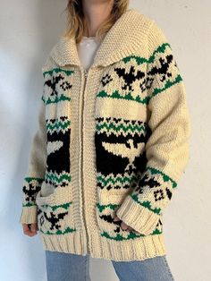 "- Vintage hand knit thick wool sweater - Metal zipper up the front - Feels like 100% wool - No tags - Medium  Chest: 21\" Length: 29\" Sleeve from neck: 28\"" Retro Wool Knitted Outerwear, Retro Knitted Wool Outerwear, Winter Wool Sweater Coat With Fair Isle Pattern, Cozy Knit Sweater Coat With Fair Isle Pattern, Nordic Wool Hand Knitted Outerwear, Wool Knitted Outerwear For Cold Weather, Knitted Wool Outerwear For Cold Weather, Cozy Knit Outerwear With Fair Isle Pattern, Cold Weather Wool Outerwear