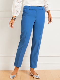 Talbots Hampshire Straight Ankle Pants. A versatile straight-leg silhouette in our all-season stretch fabric. New Invisiflex Comfort Waist Technology has an invisible elastic back waistband that adjusts to your body for the perfect, comfortable fit. Hello, legs. Also available in Talbots Hampshire Ankle Pants - Curvy Fit. Features Flat front/trouser Straight leg Hits at waist Ankle length Fly front with hook & bar closure Front slash, back welt pockets Imported Fit: Misses: 29"; Long: 31"; Petit Paisley Pants, Staple Dress, Stretch Dress Pants, Wide Leg Dress Pants, Nike Tennis Dress, Classic Style Women, Capri Blue, Jumpsuit Trousers, Straight Leg Trousers