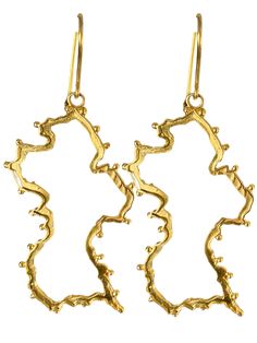 Twin Elegance Earring Gold ENCHANTED GUYANA MAP EARRINGS 18k sterling vermeil demi-fine jewelry Elegant Brass Earrings With Artistic Design, Luxury Ceremonial Pierced Earrings, Elegant Brass Ceremonial Earrings, Gold Drop Earrings With Artistic Design, Elegant Artistic Drop Earrings, Elegant Artistic Design Drop Earrings, Gold Dangle Jewelry With Artistic Design, Elegant Round Earrings With Artistic Design, Artisan Hand Forged Earrings