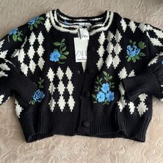 Beautiful Zara Embroidered Sweater Size Small But Is Stretching Fits Medium New Wt Winter Black Sweater With Floral Print, Black Floral Print Sweater For Winter, Black Embroidered Sweater For Spring, Zara Black Cardigan For Spring, Zara Casual Outerwear With Floral Embroidery, Zara Floral Print Outerwear For Fall, Zara Floral Print Long Sleeve Outerwear, Zara Winter Outerwear With Floral Embroidery, Zara Outerwear With Floral Embroidery For Winter