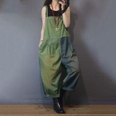 Color Block Overalls, Fairy Grunge Overalls, Fitted Green Overalls For Spring, Green Fall Overalls With Pockets, Casual Patchwork Jumpsuits And Rompers For Fall, Green Cotton Jumpsuit With Patchwork, Green Fall Overalls, Green Overalls For Fall, Spring Green Relaxed Fit Overalls