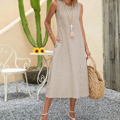 New With Tags, Size Medium Spring Sleeveless Shift Maxi Dress, Sleeveless Shift Maxi Dress For Spring, Casual Sleeveless Shift Maxi Dress, Sleeveless Shift Midi Dress For Summer, Shift Sleeveless Midi Dress For Summer, Sleeveless Shift Midi Dress For Beach, Casual Beige Sleeveless Beach Dress, Spring Beach Sleeveless Dress With Pockets, Casual Beige Sleeveless Dress For Spring