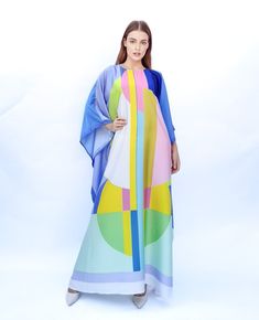 A full length kaftan plus size featured with psychedelic arts 1960s  will bring the elegant vibe of forever Spring and perfect for holiday occasions or any occasion you attend. The fabric is blended silk with more than 75% silk so the care is more easier with washing and iron, in addition less wrinkles. It's totally smoothly flowy, soft and gentle touch. FEATURES - Green vibrant - Personal Custom Made - Full Length Kaftan Half-Sleeves - Designer Silk Kaftan - Plus Size and Custom Length - Resort Spring Multicolor Abaya, Colorful Printed Maxi Dress, Multicolor Maxi Dress For Beach Cover-up, Multicolor Long Abaya For Spring, Blue Bohemian Maxi Dress With Abstract Print, Colorful Maxi Dress For Beach Cover-up, Colorful Festival Maxi Dress, Bohemian Multicolor Floor-length Abaya, Multicolor Summer Abaya For The Beach