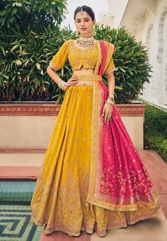 Mustard viscose lehenga choli for wedding 179727 Desc: Style : Circular Lehenga Choli Color : Mustard Fabric : Viscose Work : Embroidery Wash Care : Dry clean Sleeve Style : Half Sleeve Long Sleeves : Done only in Custom Stitch Sleeves Lining : Done only in Custom Stitch Bust Size : 32 to 42 Inches Occasion : Wedding Mehendi Sangeet Engagement Reception Ceremonial Baby Shower Teej. With Express Free Shipping Buy Lehenga - Indian Party wedding and bridal Mustard viscose leheng... Mehendi Dress, Traditional Party Wear, Haldi Dress, Haldi Outfit, Yellow Lehenga, Lehenga Online, Lehenga Choli Online, Pink Lehenga, Party Wear Lehenga