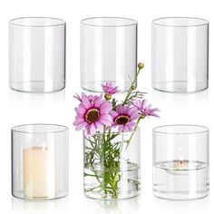 four vases with flowers and candles in them on a white surface, one is filled with water