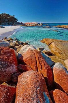 the beach is full of red rocks and blue water