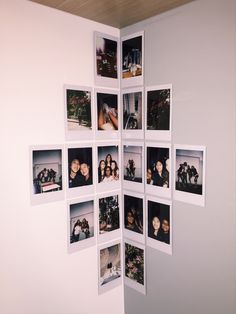 a group of people are hanging on the wall with polaroid photos attached to it