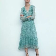 Zara Pattern Ruffled V-Neck Midi Dress Size: S Bust: 18” (Armpit To Armpit) Shoulders: 15” Length: 48” Sleeves: Long Pockets: No Material: 100% Polyester Color: Blue Closure: Pullover Machine Wash Green V-neck Dress With Ruffles, Green V-neck Midi Dress With Ruffle Hem, Casual V-neck Dress With Ruffle Hem For Spring, Green V-neck Ruffle Dress For Brunch, Elegant Green V-neck Ruffle Dress, Spring V-neck Maxi Dress With Ruffles, Spring V-neck Dress With Ruffles, Green V-neck Ruffle Dress, Green V-neck Ruffled Dress