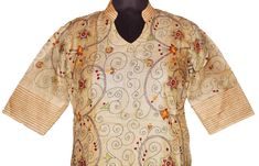 "Item Description Stunning pure silk off white colored hand embroidered kantha long Kurta Top. This dupatta is adorned with beautiful peacock design White, Red,brown thread work all over done. This stole from Bengal is hand embroidered with the traditional kantha running stitch in a beautiful floral pattern. Specialties :: KANTHA:Kantha is a hand embroidery style traditionally practiced by rural womenfolk in state of West Bengal. Kantha embroidery is recognized by running stitches. The usual Kan Navratri Floral Embroidered Raw Silk Kurta, Festive Tussar Silk Kurta With Floral Embroidery, Beige Cotton Silk Kurta With Resham Embroidery, Traditional Long Sleeve Tussar Silk Churidar, Traditional Tussar Silk Churidar With Long Sleeves, Cream Cotton Silk Churidar With Resham Embroidery, Cream Salwar Kameez With Zari Work In Cotton Silk, Beige Cotton Silk Kurta With Zari Work, Beige Chanderi Kurta With Floral Embroidery