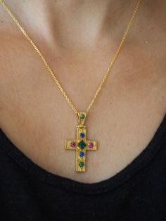 Gold Orthodox Byzantine cross, Ancient Greek cross, Cross talisman made of 925 silver, Gold plated greek pendant, Orthodox Greek Cross, Byzantine jewelry Ruby Emerald Sapphire, Size : 20mmwidth x 35 mm long (measured from the top of the bale to the bottom) Material:High quality double gold 24k plated over sterling silver with ruby emerald sapphire zircons which are the basic colours of Byzantine jewelry This gorgeous gold cross is inspired by The Byzantine period. A unique piece to hold forever Byzantine Cross, Basic Colours, Byzantine Jewelry, Gold Medallion Necklace, Byzantine Necklace, Jewelry Ruby, Jewelry Cross, Gold Medallion, Dragon Necklace