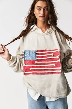 Tricia Fix Americana Sweatshirt | Free People Cricut Clothing Projects, Embroidery Overalls, Crafty Fashion, Aw 23, Y2k Long Sleeve, Vintage Crewneck, Fit Inspo, Sewing Ideas, Sweater Jacket