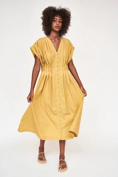 korcula in gilded – MIRTH Cotton V-neck Dress With Pleated Waist, V-neck Maxi Dress With Pockets For Daywear, V-neck Dress With Pleated Waist For Casual Wear, V-neck Dress With Pleated Waist For Casual Occasions, Casual Cotton Midi Dress With Pleated Waist, Cotton Midi Dress With Pleated Waist For Spring, Spring Cotton Midi Dress With Pleated Waist, Elegant Cotton Dress With Pleated Waist, Chic Cotton Dress With Pleated Waist