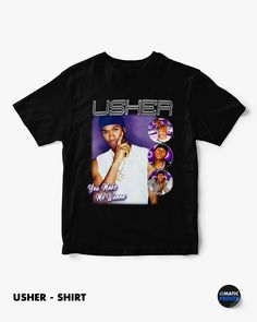 "Make a statement with this vintage-style Usher tee, paying homage to the classic R&B track \"You Make Me Wanna.\" With its bold design and high-quality cotton material, this tee is perfect for any Usher fan who wants to show off their love for one of the greatest R&B legends of all time. Whether you're heading out for a night on the town or just want to add some style to your everyday wardrobe, this tee is sure to turn heads and make you stand out from the crowd. .: 100% cotton (fiber content may vary for different colors) .: Medium fabric (5.3 oz/yd² (180 g/m .: Classic fit .: Tear-away label .: Runs true to size" 90s Graphic T-shirt For Streetwear, 90s Graphic Print Streetwear T-shirt, 90s Inspired Graphic Print Tops For Streetwear, 90s Inspired Streetwear T-shirt With Screen Print, 90s Crew Neck T-shirt For Concerts, 90s Inspired Letter Print T-shirt For Streetwear, 90s Streetwear Tops With Front Print, 90s Inspired Printed Tops For Streetwear, 90s Letter Print T-shirt For Concert