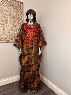 African/Nigeria bubu brocade outfit. One size. Small sized scarf. Oversized,And  Please note measurements: Width: 64inches Lenght: 62inches Traditional Long Abaya For Fall, Bohemian Long Abaya For Traditional Ceremonies, Traditional Patterned Long Sleeve Kaftan, Traditional Long Sleeve Patterned Kaftan, Traditional Long Free Size Kaftan, Bohemian Style Long Agbada For Festive Occasions, Traditional Long Sleeve Kimono Free Size, Traditional Long Sleeve Free Size Kimono, Festive Long Bohemian Agbada