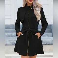 This Trendy Lightweight Duster Jacket Is Sure To Make A Fashion Statement. You Can Pair This Jacket With Jeans And Thigh Boots To Create An Edgy Look Or As A Wear Dress With Heels. 100% Polyester Hand Wash Cold Knee-length Black Outerwear For Work, Black Knee-length Outerwear For Work, Chic Black A-line Outerwear, Black A-line Outerwear For Work, A-line Outerwear For Winter Party, A-line Winter Outerwear For Party, Casual Black Knee-length Outerwear, Black Knee-length Outerwear For Office, Elegant Black Knee-length Outerwear