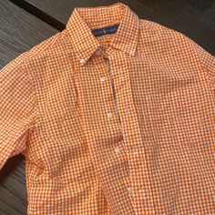 Ralph Lauren Orange Gingham Button Down Shirt. New With Tags. Classic Plaid Shirt With Buttons, Classic Orange Buttoned Top, Classic Orange Tops With Buttons, Preppy Plaid Collared Shirt, Classic Plaid Shirt For Spring, Preppy Cotton Shirt, Long Sleeve Gingham Shirt With Button Closure, Preppy Gingham Collared Tops, Ralph Lauren Plaid Button-up Top