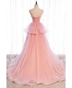 Buy cute pink ruffled tulle ballgown formal dress with corset top at affordable price online. Free shipping and pro custom service since 2009. Formal Dresses Pink, Tulle Long Prom Dress, Long Formal Dresses, Dress Display, Dress With Corset, Pink Evening Dress, Custom Size Dresses, Dresses Pink, Pink Prom Dresses