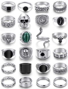 PRICES MAY VARY. [PACKAGE]: This vintage men's rings comes in a mix of sizes【9 /9.5 /10】,24 pieces in total, that can be worn individually or stacked to show off a man's tough demeanor. [DESIGN]: The design is simple and fashionable, such as a malachite wide face ring, a gothic ring with a carved skull, and a vintage ring with an ace of spades shape. Most men can't resist the charm of this ring set. [MATERIAL]: The carefully selected alloy material, total weight 162g, each ring cut smoothly, wil Rings Pack, Fashion Ring Set, Punk Rings, Skull Snake, White Diamond Rings Engagement, Hip Hop Rings, Mens Chain Bracelet, Mens Rings Fashion, Estilo Rock