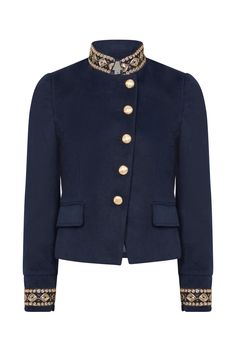 The Mayfair is the ultimate jacket to put a pep in your step - in navy with gold embellished braid trims to the collar and cuffs, this is the perfect boho chic jacket for jeans or dresses. It is a very fitted style so do check the size guide to ensure the perfect fit. In a soft and luxurious fabric it is perfect for all seasons.  Navy blue outer and lining Gold embellished braid to the collar and cuff 2 top-flapped pockets  5 gold buttons Small split the cuff and back for added detail 80% polyes Chic Jacket, Navy Military, Gold Sequin, Independent Designers Fashion, Luxury Fabrics, Military Jacket, Blazer Jacket, Clothing Brand, Fitness Fashion