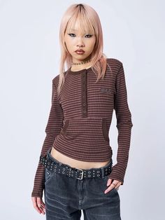 Brown Striped Long Sleeve Top with Half-Button Placket & Pouch Pocket | Minga London – Minga London US Trending Clothes, Minga London, Long Sleeve Striped Top, Love And Respect, Y2k Grunge, Ethical Fashion, Striped Long Sleeve, Button Placket, Pocket Pouch