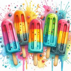 three popsicles with different colors on top of each other in front of paint splatters