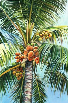 a painting of a palm tree with fruit on it